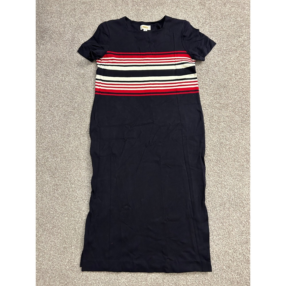 Boho Talbots Midi Dress Womens Small Navy Blue Excellent Striped Nautical Cotton